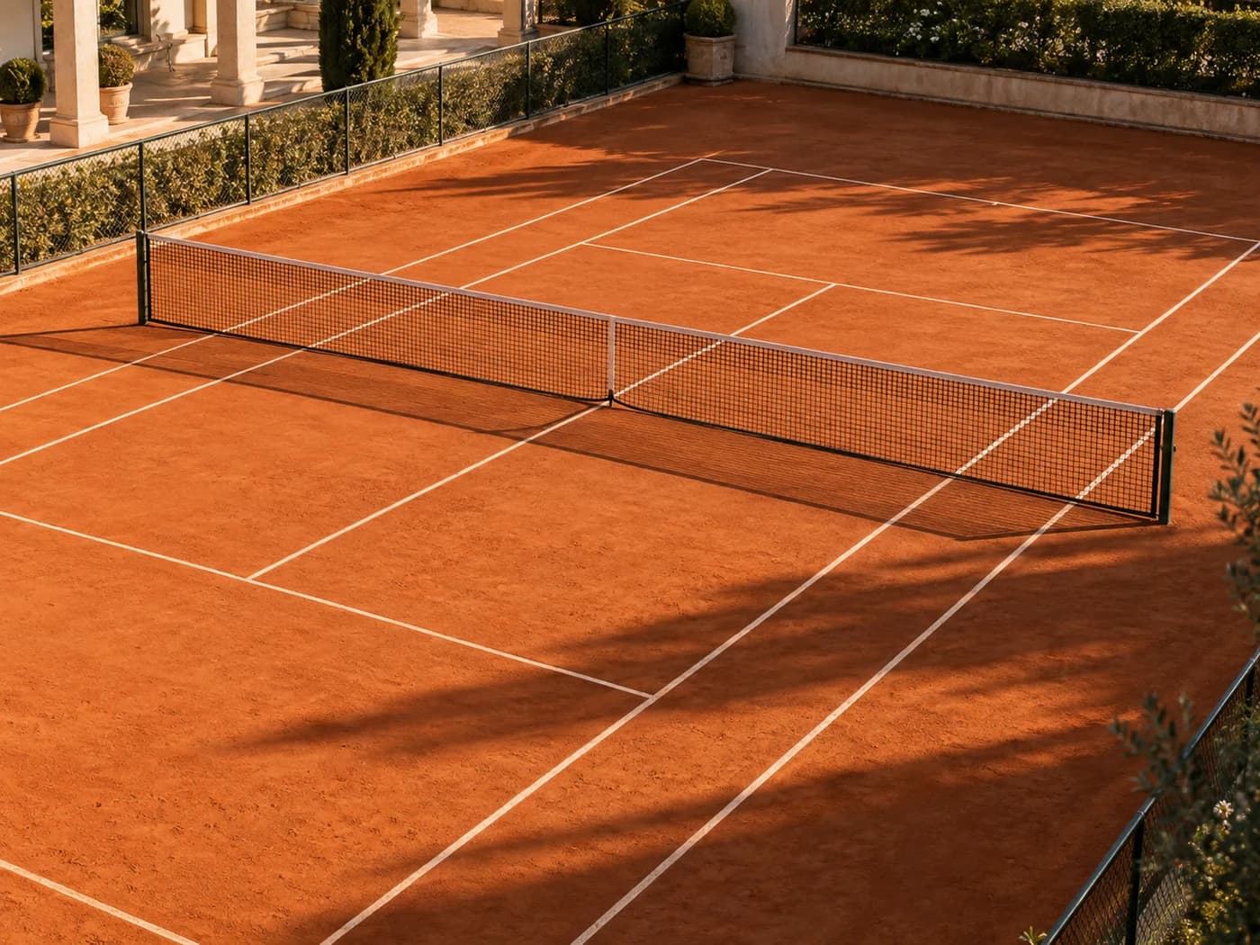 An outdoor terracotta tennis court, ready for the next practice session