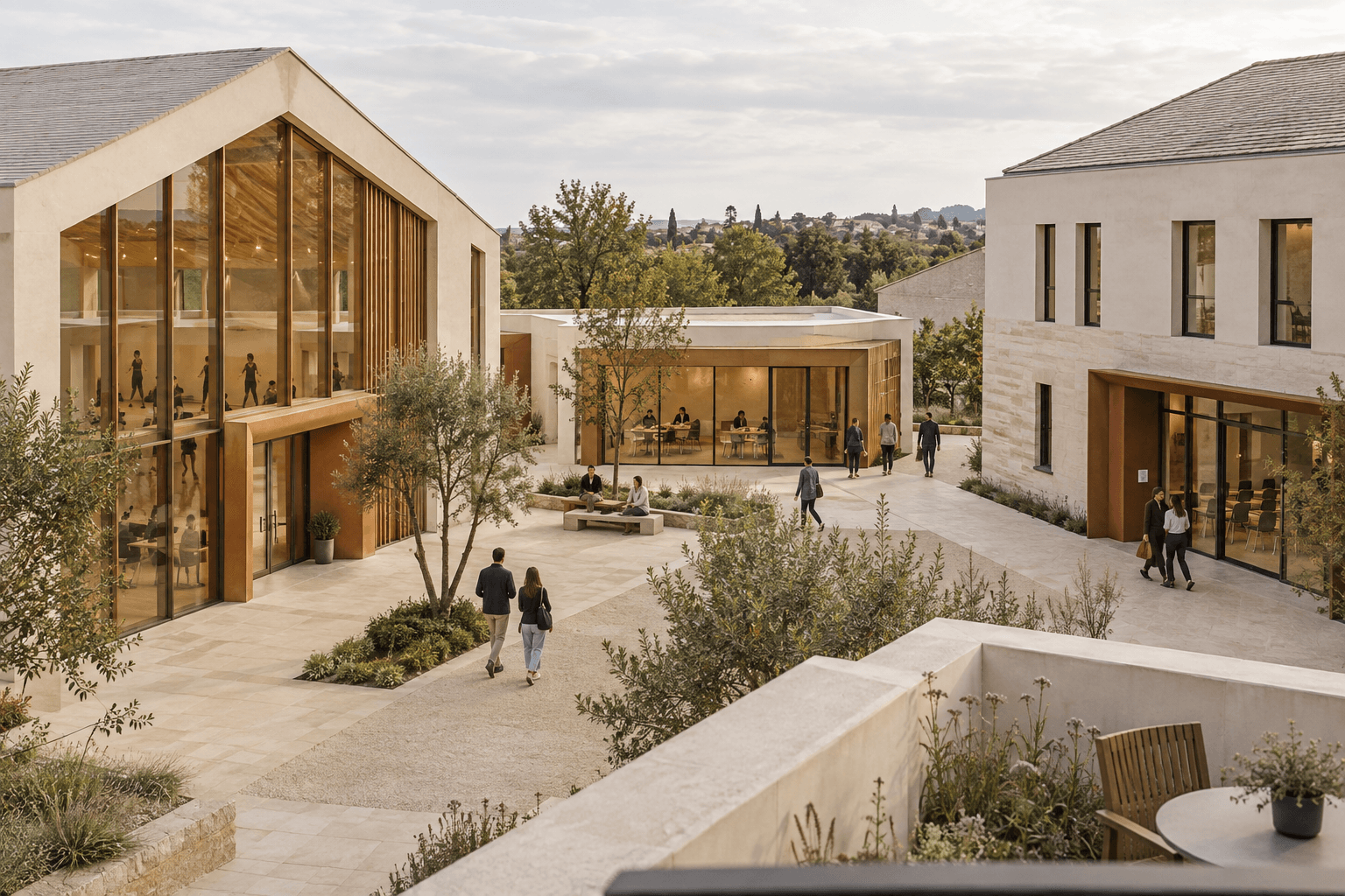 Three distinct activity, meeting and events buildings connected by a shared pedestrian courtyard.
