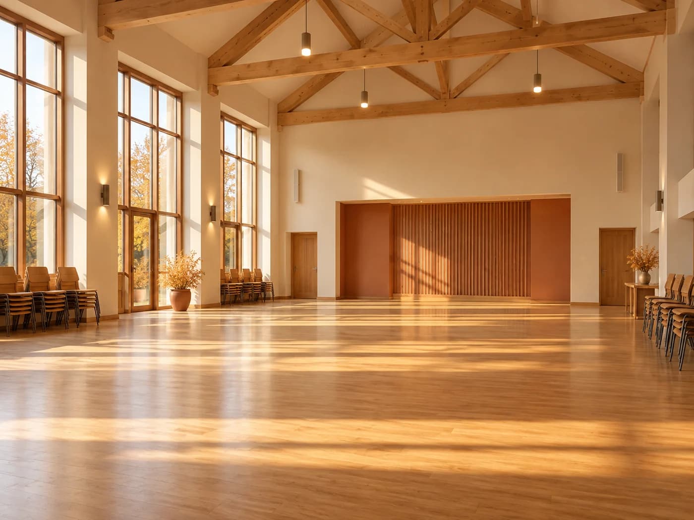 A light-filled community hall with timber flooring and space for local events