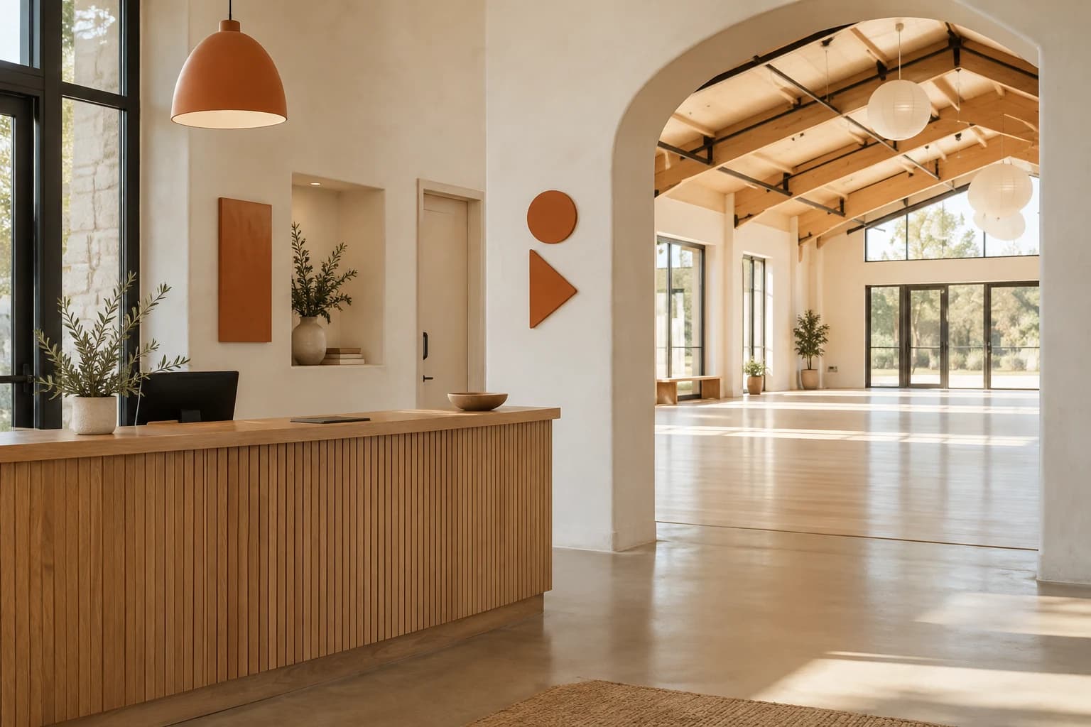 A welcoming venue reception with its own visual identity and a bookable hall beyond.