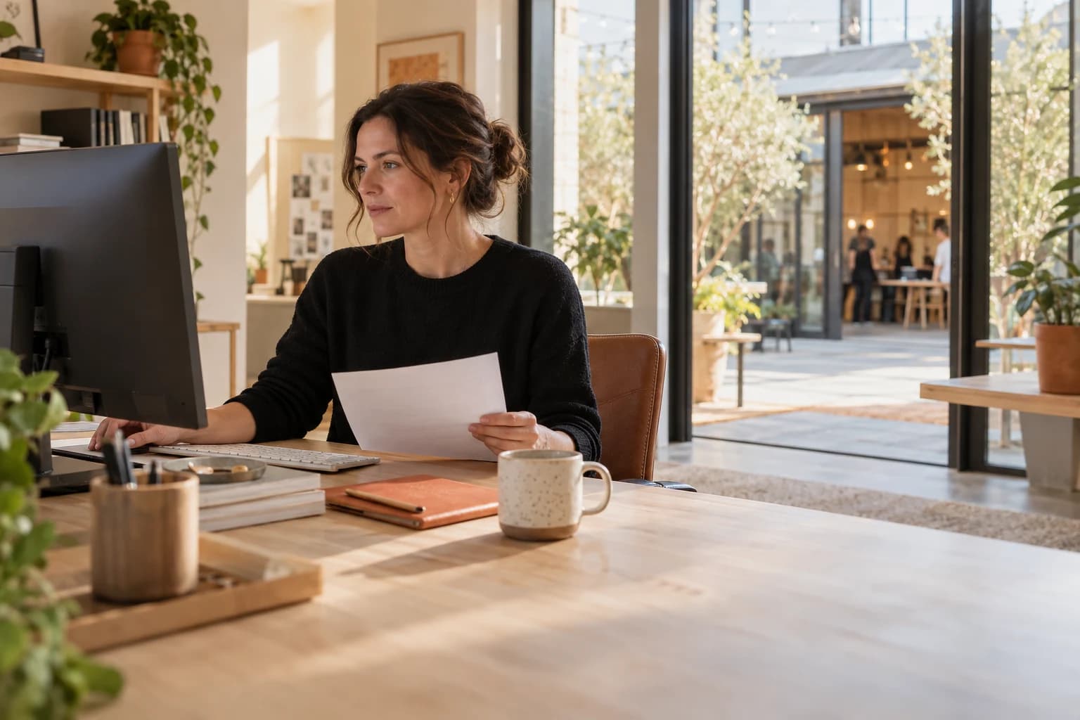 An operations manager checking a record at a venue workspace.