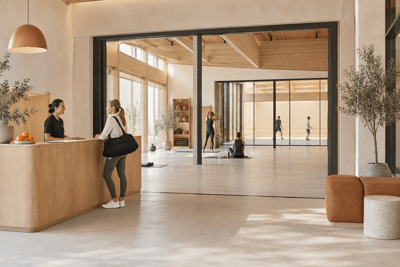 A warm venue reception looking through to a movement studio and an indoor practice court.
