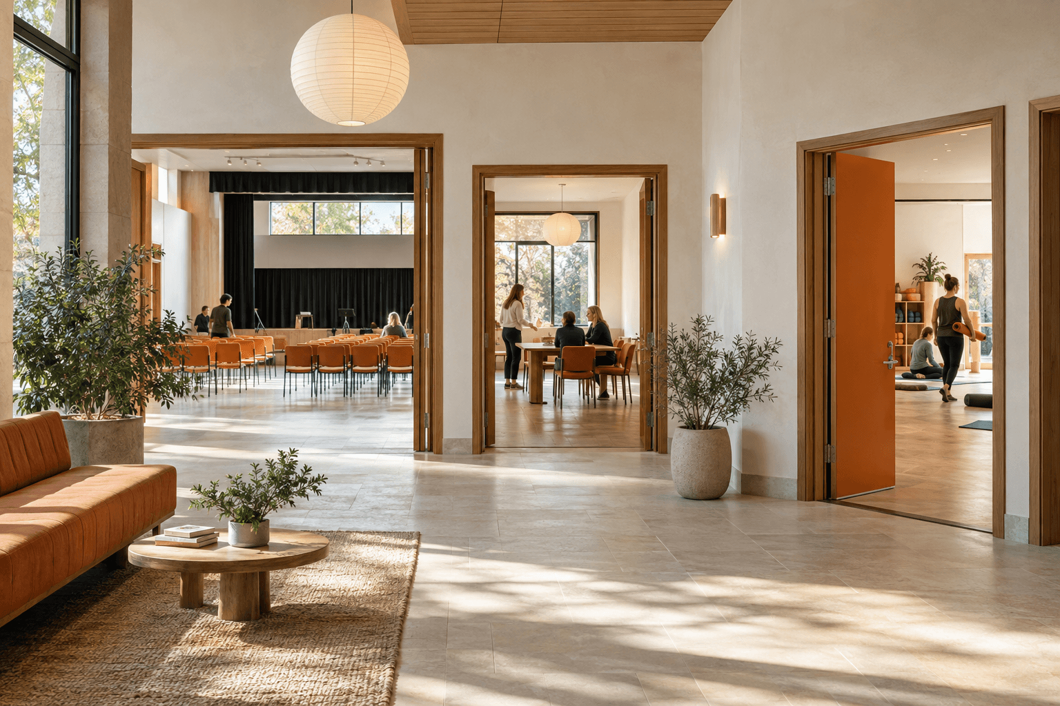 A community venue with a gathering hall, meeting room and activity room opening onto a shared lobby.