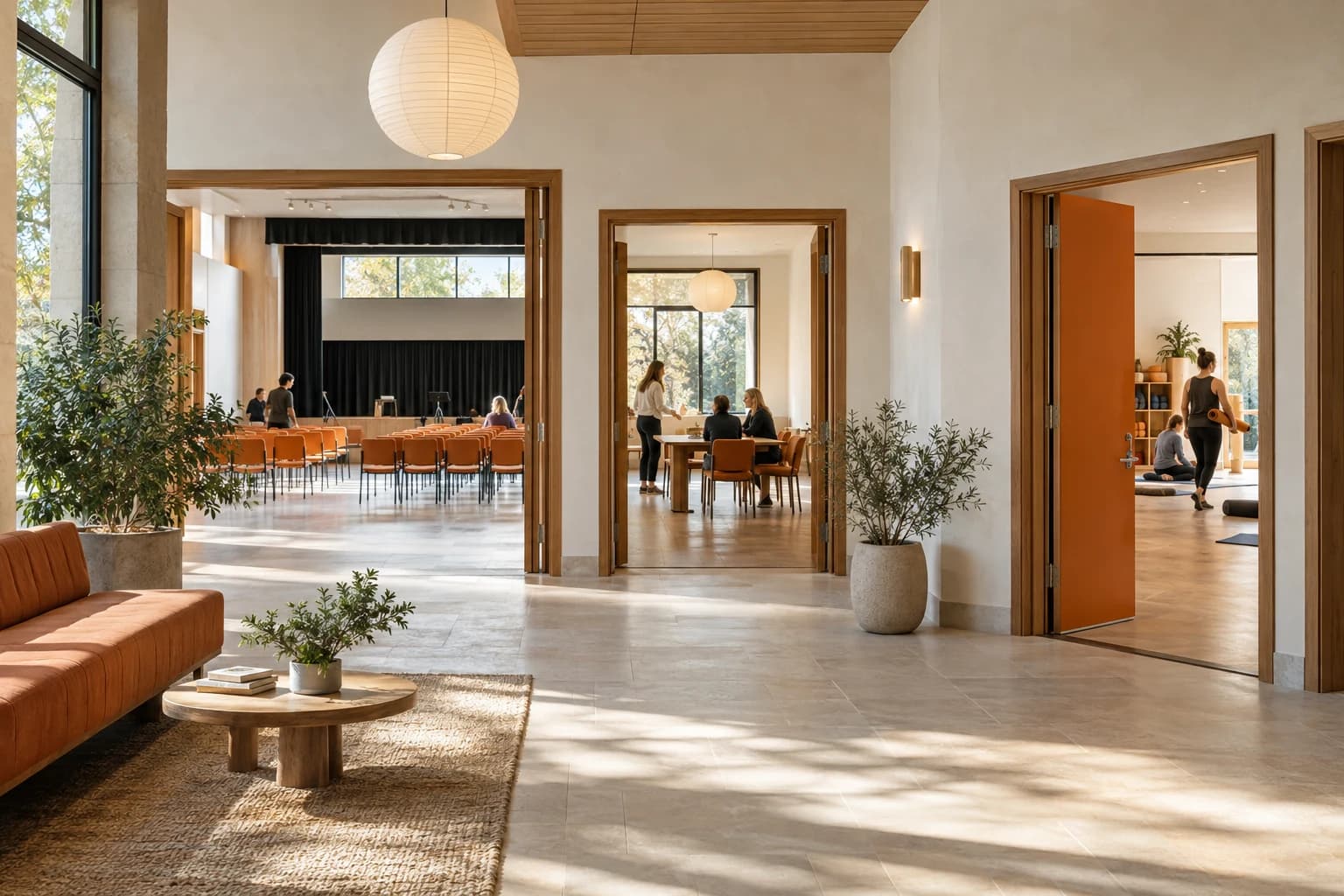 A light-filled civic venue with shared halls and rooms.