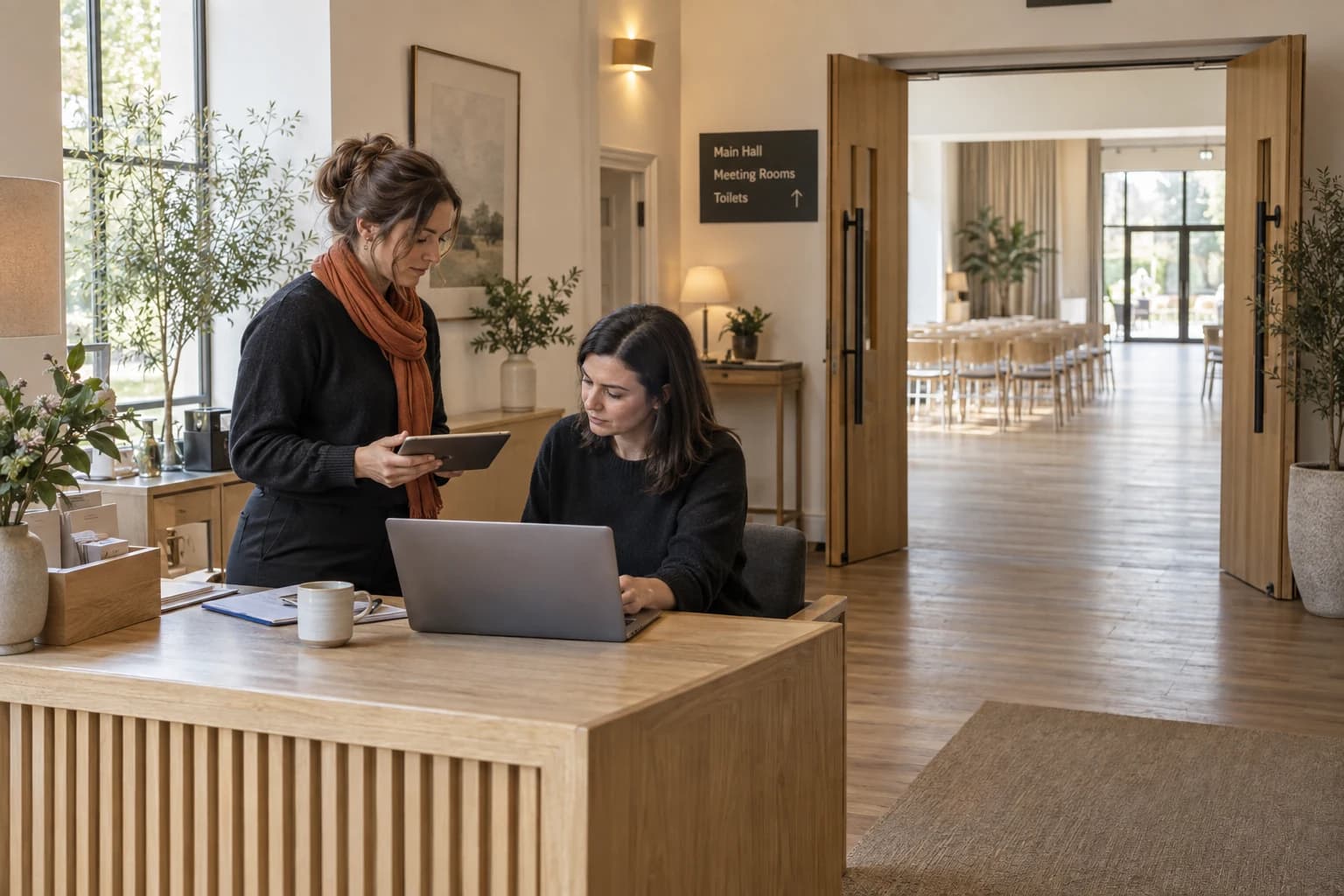 Venue colleagues coordinating their work at a shared reception desk.